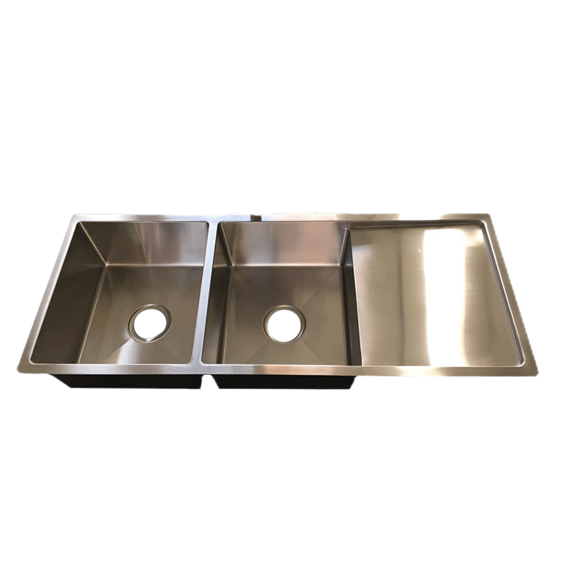 Топла распродажба од нерѓосувачки челик 304 Рачно изработен мијалник за кујна, единечен сад/двоен сад со одводна плоча