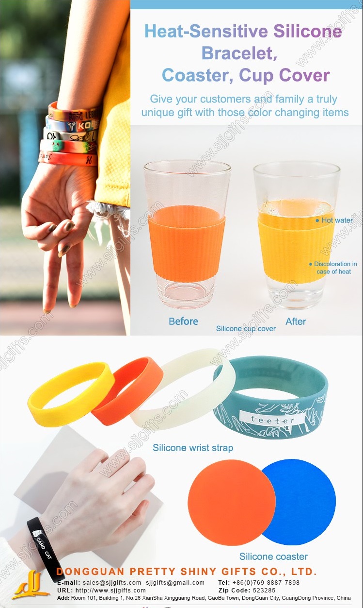 Bracelets, sous-verres, couvre-tasses en silicone sensibles à la chaleur