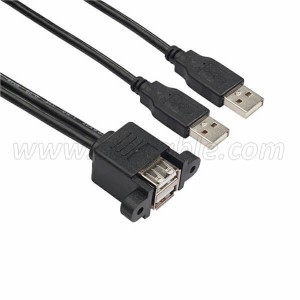 Dual USB 2.0 A female panel mount to 2 USB A male extension cable