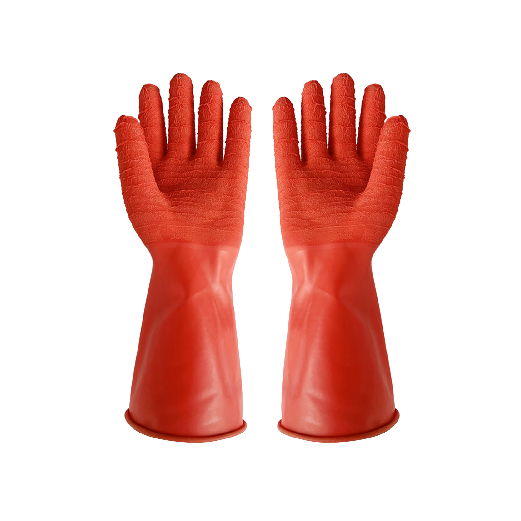 Protišmykové mechanické chemické ochranné rukavice z červeného prírodného latexu s vráskavou dlaňou
