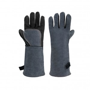 Long Leather Oven Heat Resistant BBQ Gloves Mataas na Temperatura 800 Degrees Barbecue Grill Cow Split Leather Working Gloves