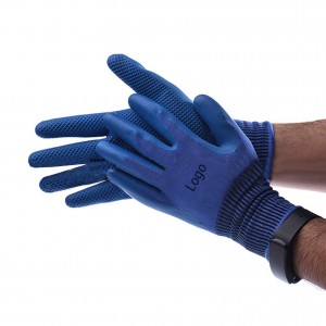 Non Slip Coating Blue Nylon Knit Rubber Palm Coated Crinkle Latex Protection Safety Work Gloves