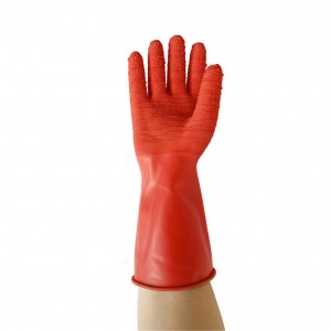 しわのやしが付いている滑り止めの機械化学保護の赤い自然な乳液のゴム製手袋
