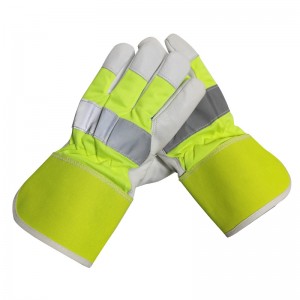 Hi Visible Cowhide Leather Reflective Strip Rigger Work Safety Gloves