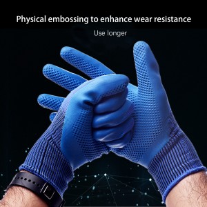 Revestimento antiderrapante de nylon azul malha de borracha com revestimento palmar ondulado proteção de látex luvas de trabalho de segurança