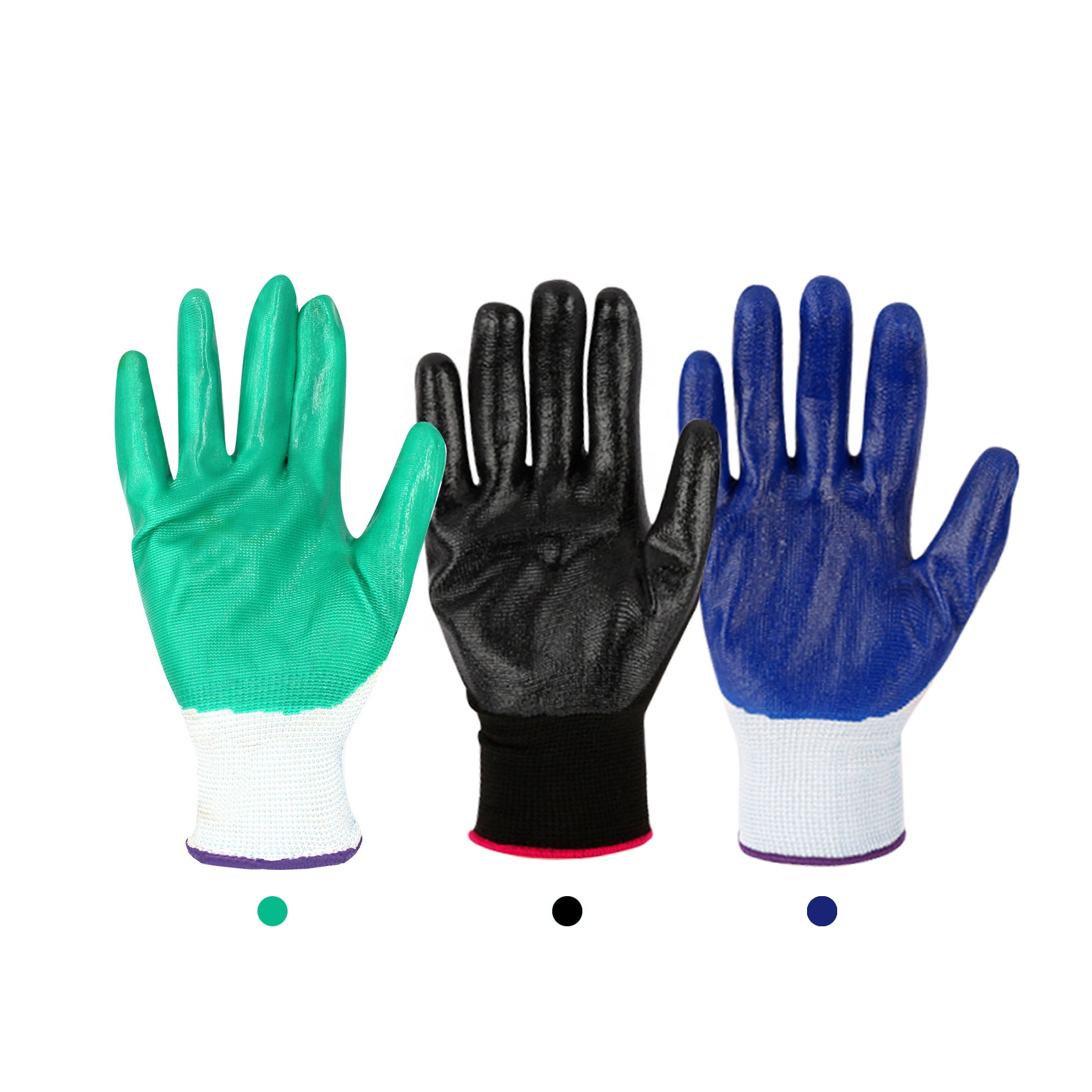 Персонализируеми работни ръкавици със синьо-бели полиестерни палмово нитрилно покритие