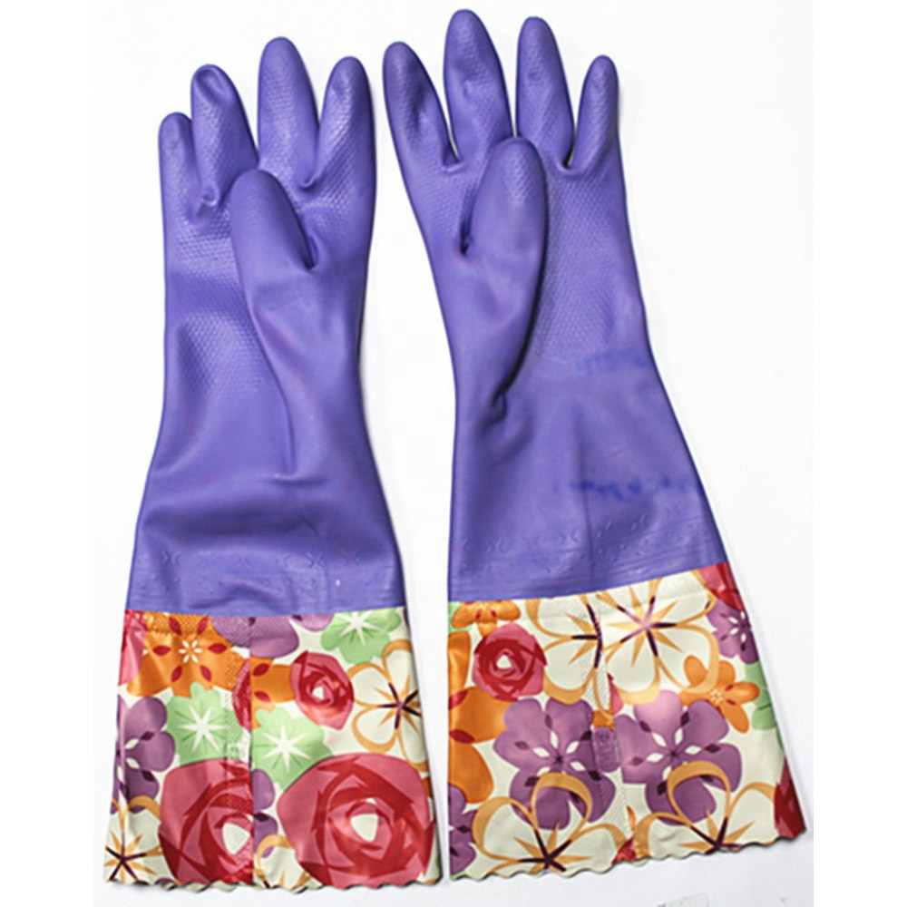 Kvalitné PVC latexové rukavice s dlhou manžetou pre domácnosť fialovej farby
