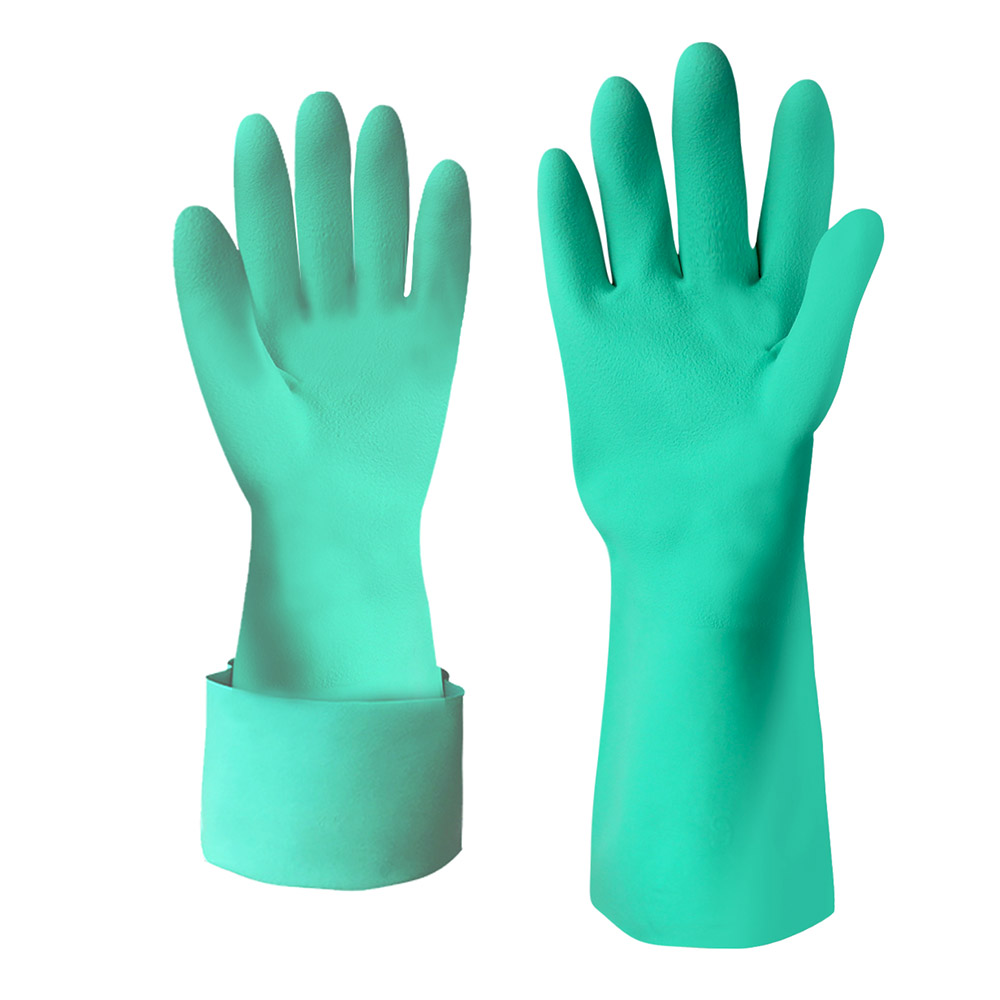 Zelené nitrilové opakovane použiteľné kuchynské vodotesné rukavice na umývanie riadu