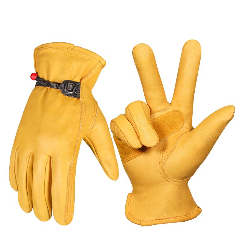 Premium Yellow Full Grain Cowhide Forklift Truck Driver Gloves nga adunay Wrist Closure Protective Leather Working Gloves