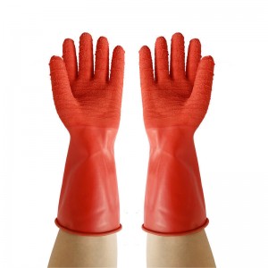 Sarung Tangan Getah Industri Tahan Kimia 35cm Merah dengan Tapak Kedut untuk Sarung Tangan Perlindungan Tangan Kerja Tugas Berat