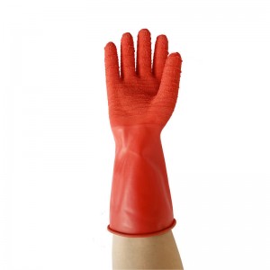 წითელი 35 სმ ქიმიკატებისადმი მდგრადი სამრეწველო რეზინის ხელთათმანები ნაოჭების პალმით მძიმე სამუშაო ხელის დამცავი ხელთათმანისთვის