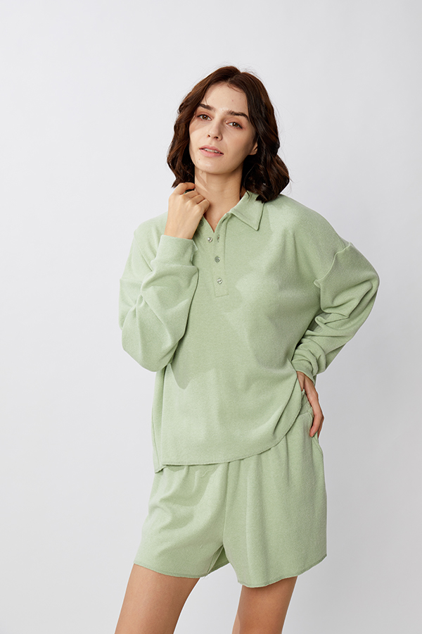 Knit Polo collar Lounge Wear Crop Hoodie And Shorts