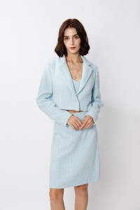 Elegan Short Crop Tweed Blazer Jaket Rok 3 Piece Set