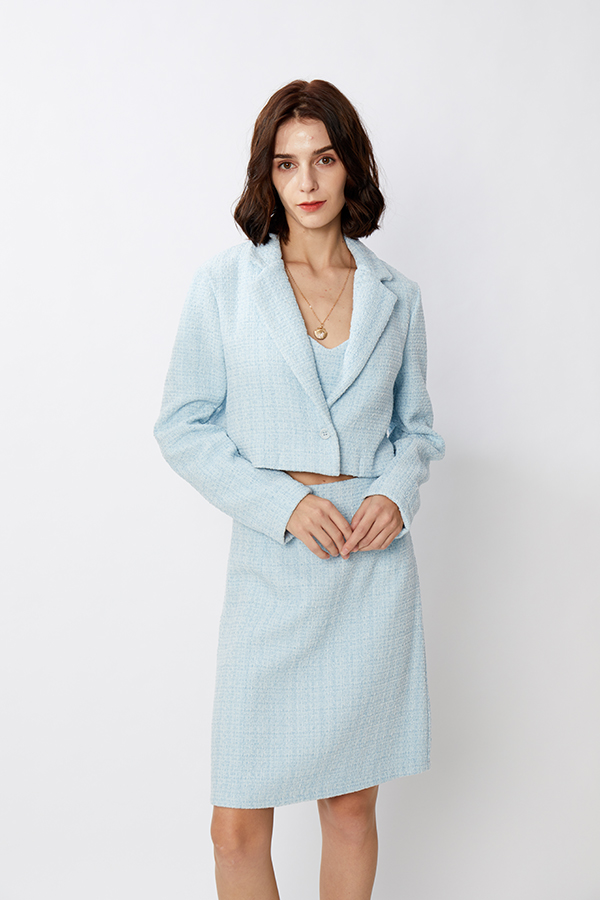 Elegant Short Crop Crop Tweed Blazer юбка куртаи 3 порчаи Маҷмӯи тасвири пешниҳодшуда