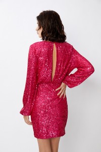 Puff Sleeve Ruched Scoop Neck Hole Mata Sequin Dress