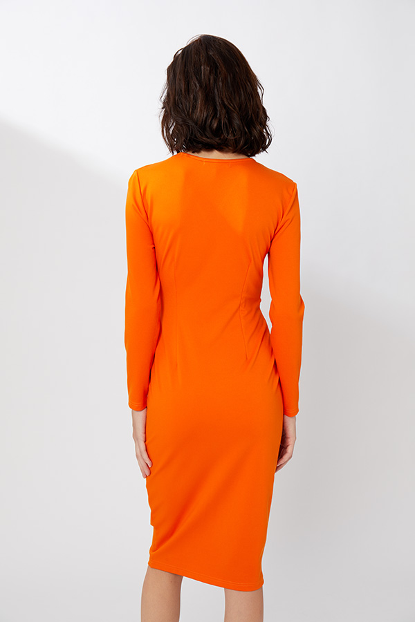 Orange Ruched Kont Rib Slim Bodycon šaty
