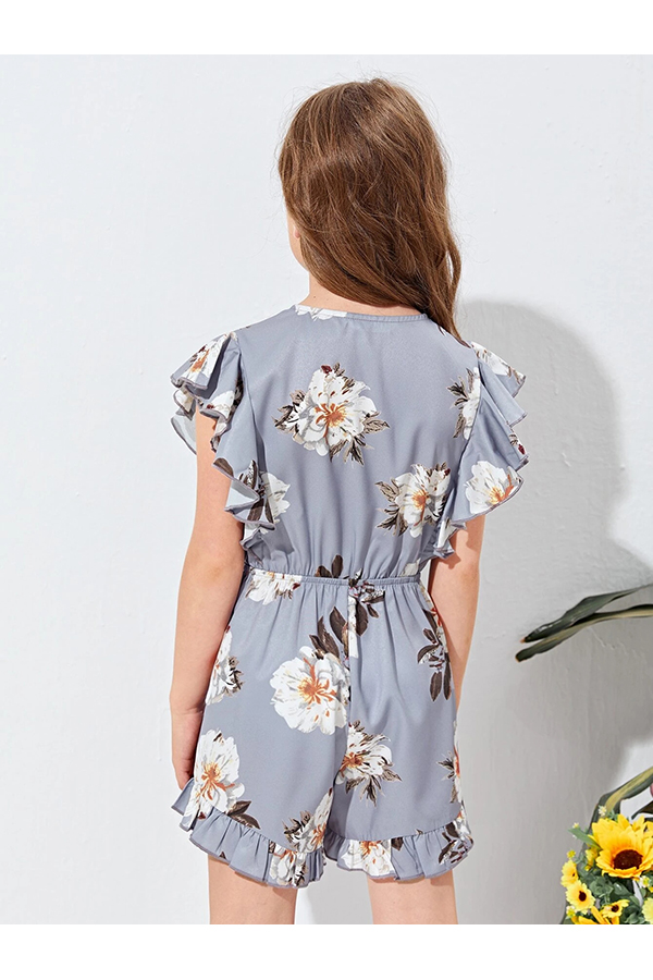 Floral Printed Butterfly Sleeve Wrap Romper