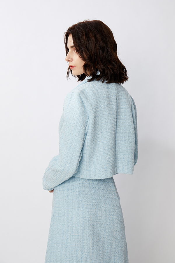 Elegant Short Crop Tweed Blazer Jacket Skirt 3 Piece Set