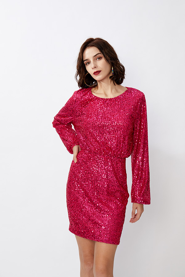 Puff Sleeve Ruched Scoop Neck Hole Women Sequin Dress