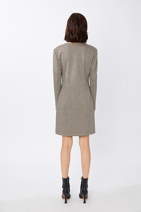 Square Neck Double-Breasted Plaid Office H-Dress