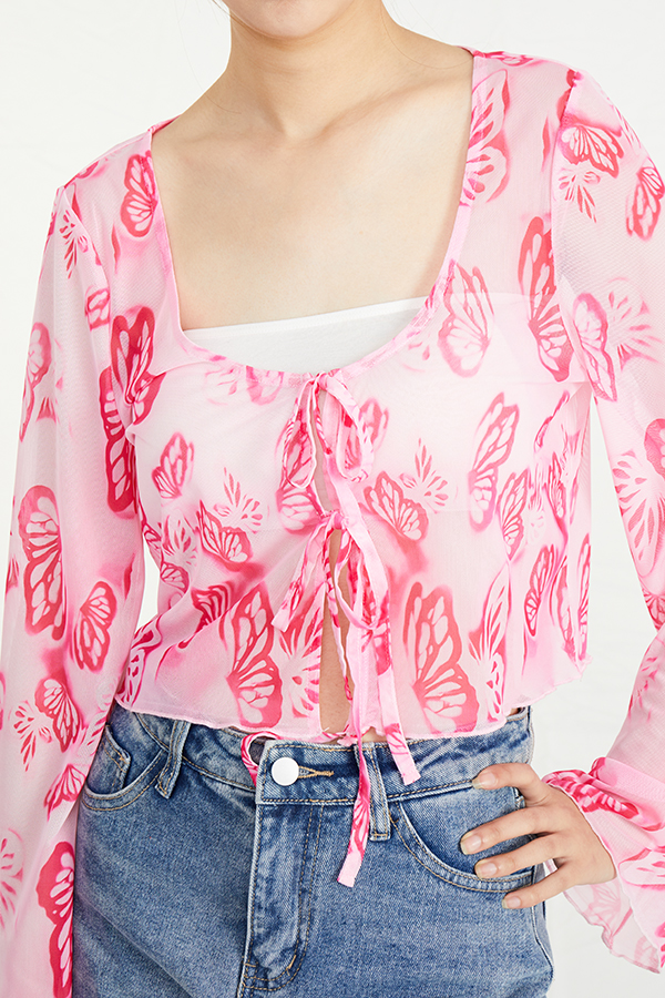 Dizajnerske leptir printane djevojke prozirne mrežaste bluze za žene lepršavih dugih rukava