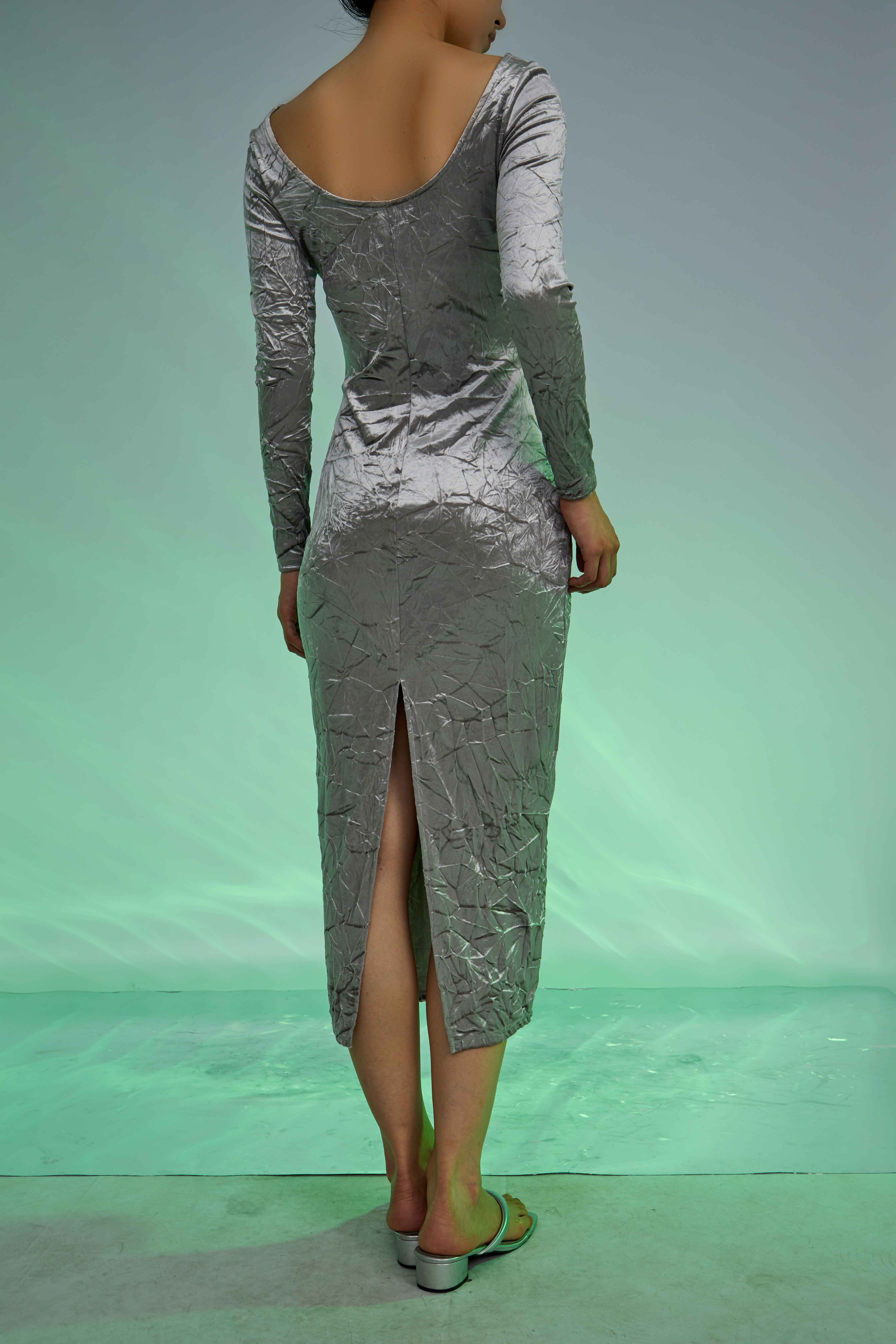Slim Fitting Wrinkled Velvet Midi Slit Backless Dress For Women