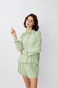 Knit Polo collar Lounge Wear Crop Hoodie and Shorts