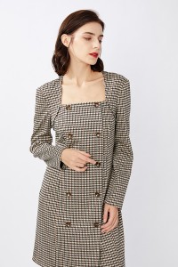 Square Neck Doble-Breasted Plaid Office H-Dress
