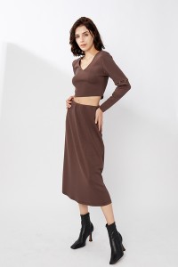 Scuba Slim Fit Casual Sleeves Crop Top Skirt Set