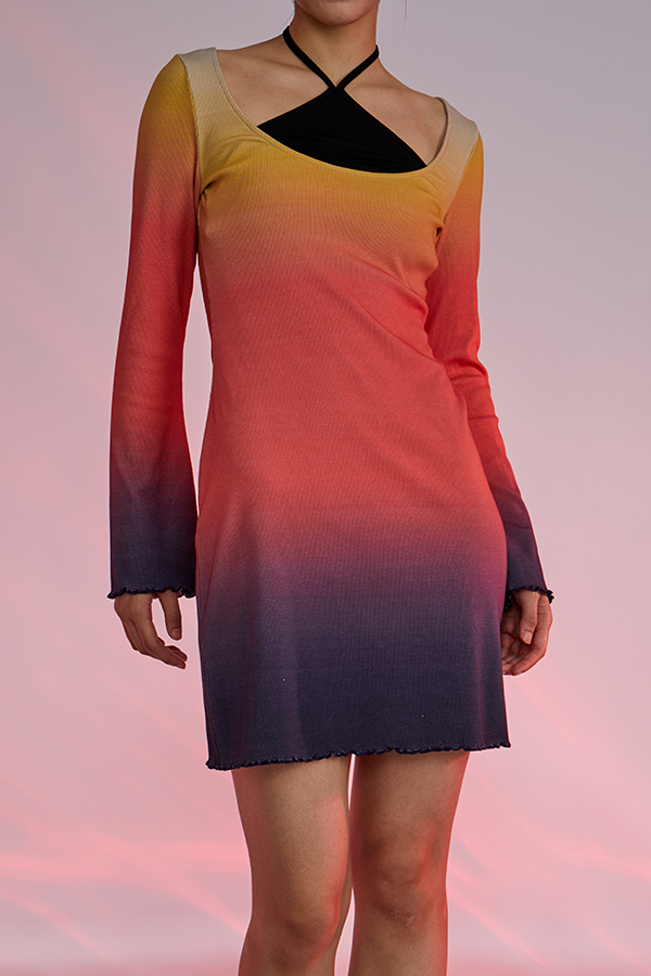 Gradient Color Long Sleeve Cut Out Mini Halter Dresses Women Elegant