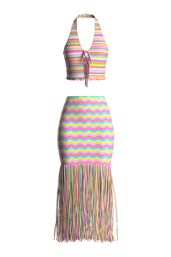2 Piece Set y2k Stripe Clothing Halter Tank Top And Tassels Midi Skirt