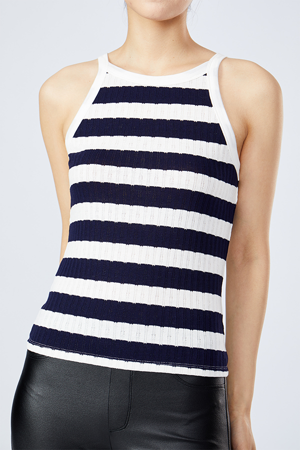 Ribbed Stripe Contrasting Color Basic Casual Summer Women Tank Top