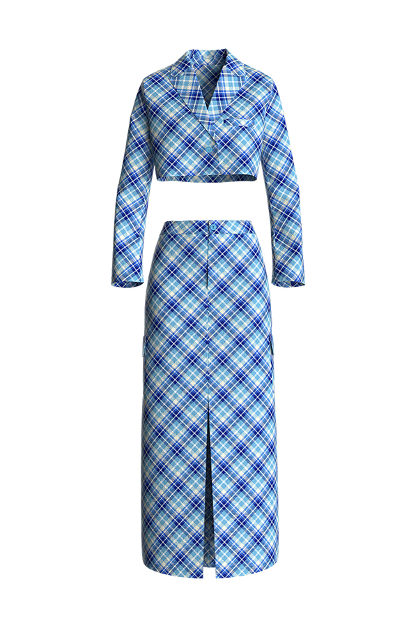 Plaid Crop Blazers And Midi Straight Skirt Two Piece Match Set Woman