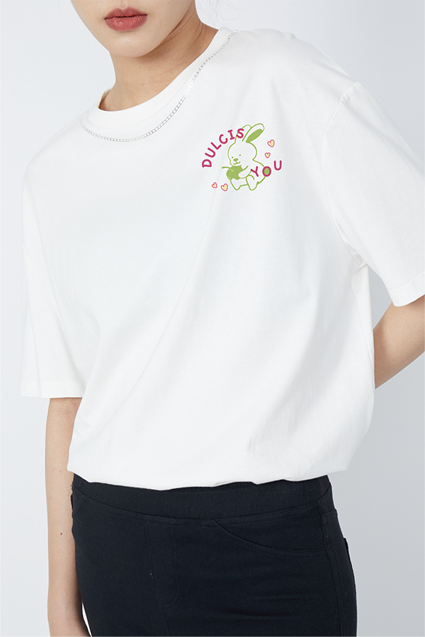 Trendy Rabbit γραφικά πλεκτά βασικά μπλουζάκια γυναικεία μπλουζάκια 100% βαμβάκι φαρδιά