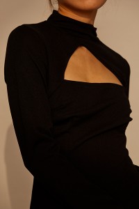 Estilo sa likod nga Sheer Mesh Pattern Dress Mandarin Collar Long Sleeve Women Sexy Hollow Out
