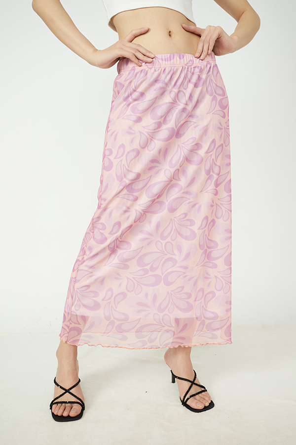 Casual Elastic waist ruffle Floral printed mesh cute Long skirt women