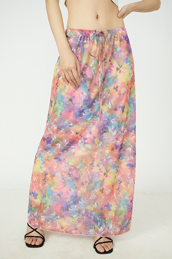 Polyester Sheer Mesh Casual Color Matching Floral Printed Maxi Skirt