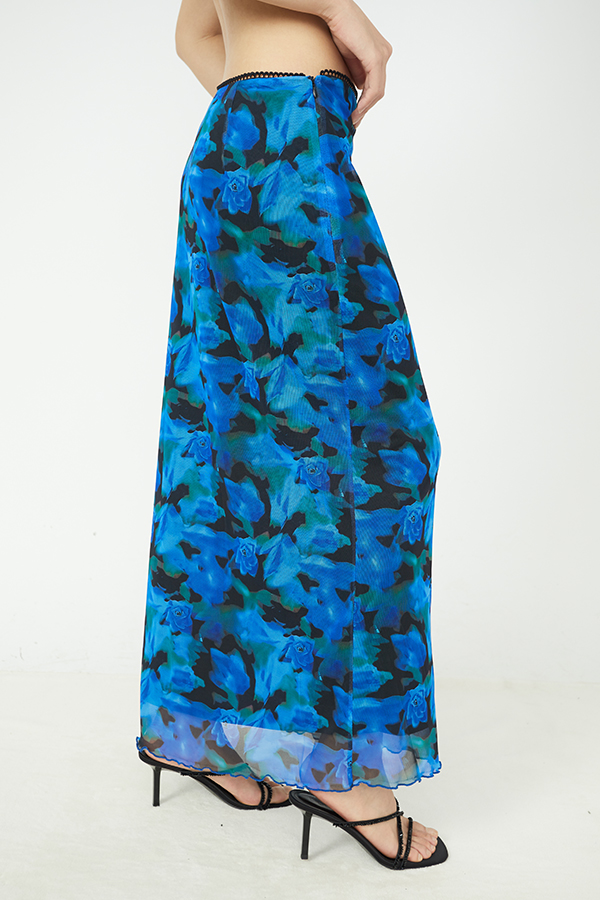 Fashion High Waist Lace Floral Printed Mesh Long A Line Women Skirt