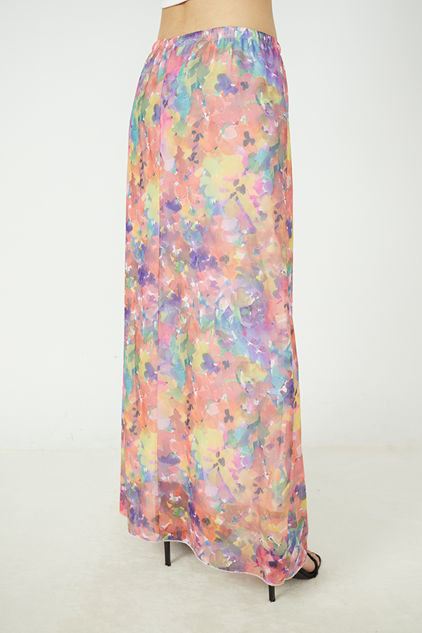Polyester Sheer Mesh Casual Color Matching Floral Printed Maxi Skirt