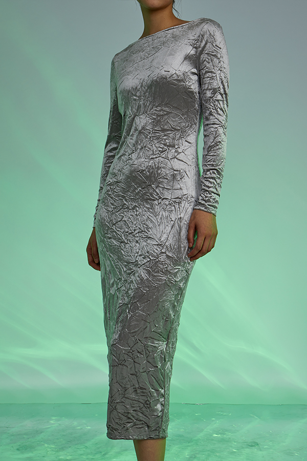 Slim Fitting Wrinkled Velvet Midi Slit Backless Dress For Women