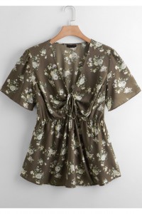 Plus Alover Floral Drawstring Peplum blouse
