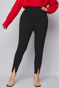 Černé dámské korejské strečové Capri jarní kalhoty a kalhoty s rozparkem Plus Size