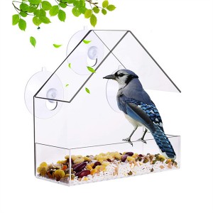 Comedero para aves con vasos e bandexa de sementes extraíble de 2 seccións con orificios de drenaxe Comedero para aves para exteriores de acrílico con resistente á intemperie