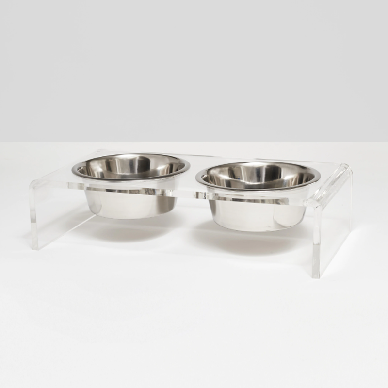 Tavă de expoziție cu două boluri din acril transparent pentru animale de companie