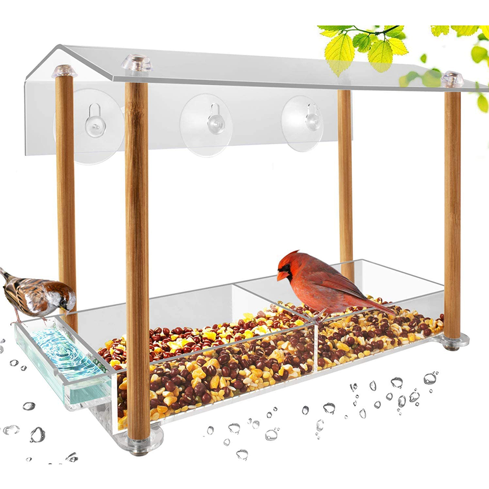 Wild Birds of Joy Window Bird Feeder ամուր ներծծող բաժակներով և սերմերի սկուտեղ ջրահեռացման անցքերով ջրային կերակուր Սուրբ Ծննդյան նվերի համար