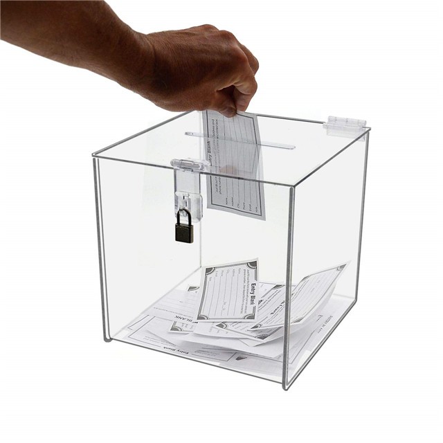 Läbipaistev pleksiklaasist läbipaistev hääletussedel annetushääle valik akrüülist soovituskarp lukuga kaebuste kast