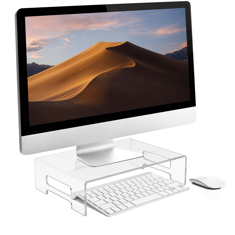 Clear Perspex Laptop Riser Акрил компьютердик Desktop стенд менен көтөрүп жүрүүчү туткалары