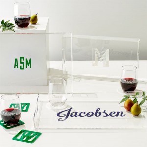 Moderner großer Luxus-Getränkeeinsatz in Regenbogenfarbe, gebogen, weißer Kunststoff, transparentes Acryl-Serviertablett-Set mit Griffen