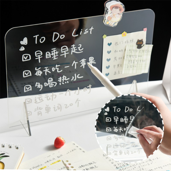 Hurtownia niestandardowych szkolnych biur domowych dzieci nagrywaj codzienną tablicę informacyjną przezroczystą akrylową tabliczkę suchościeralną Memo z podstawą