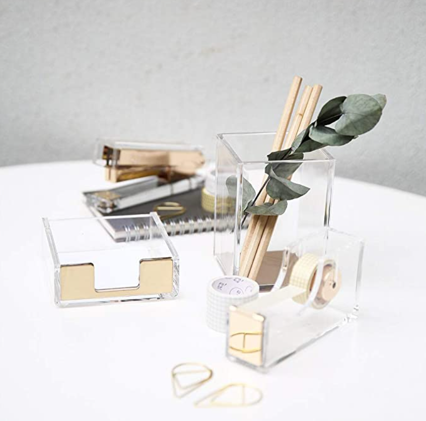 អ្នកកាន់ពែងខ្មៅដៃពេញនិយម ការប្រមូលឯកសារតម្រៀបតាមផ្ទះ សម្ភារៈការិយាល័យ គ្រឿងប្រើប្រាស់លើតុ Rose Gold Acrylic Desk Organizer Set